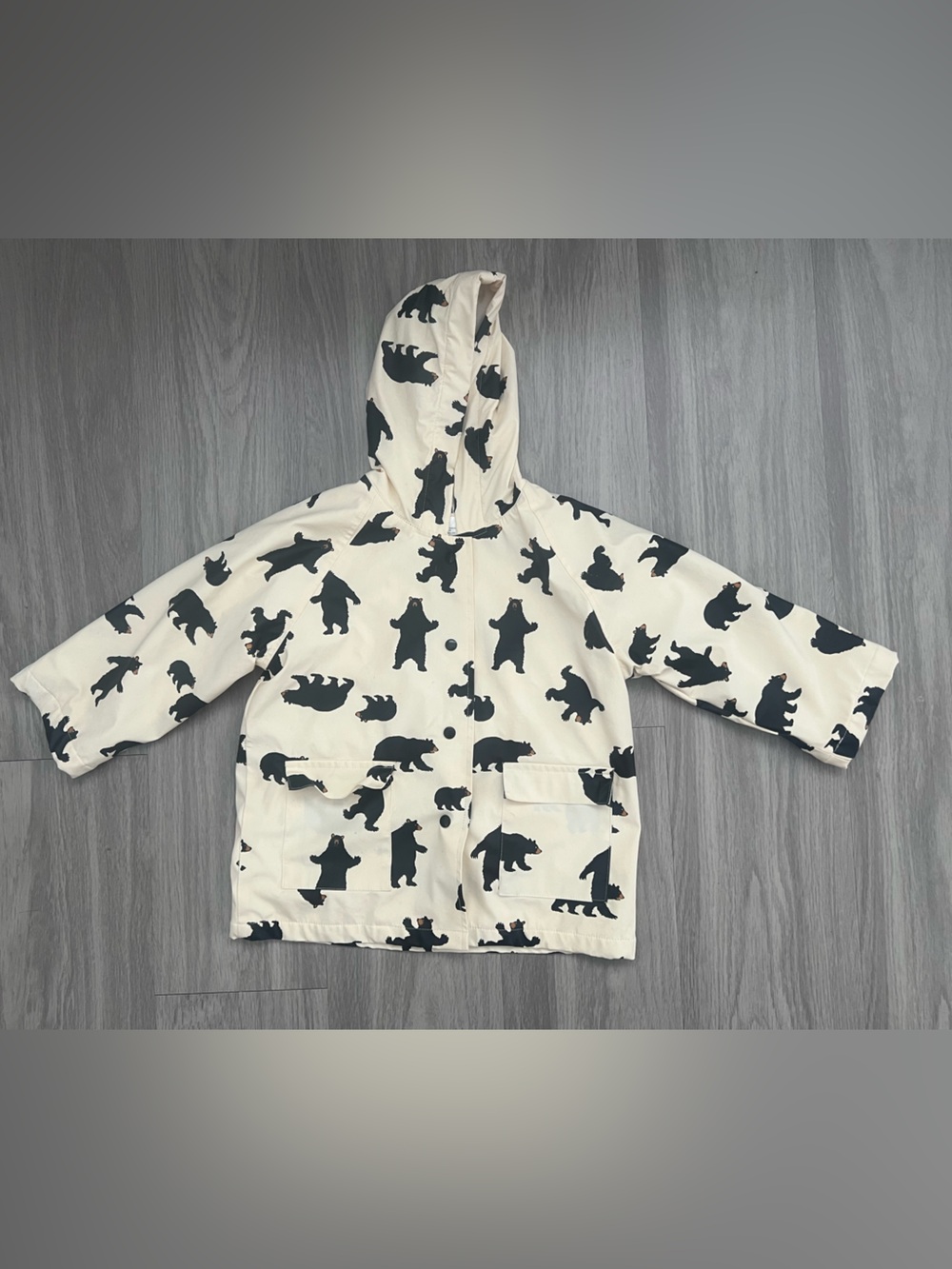 Hatley Kids 3T Bear Print Fleece Lined Hooded Rain Jacket Coat Cream Black Water